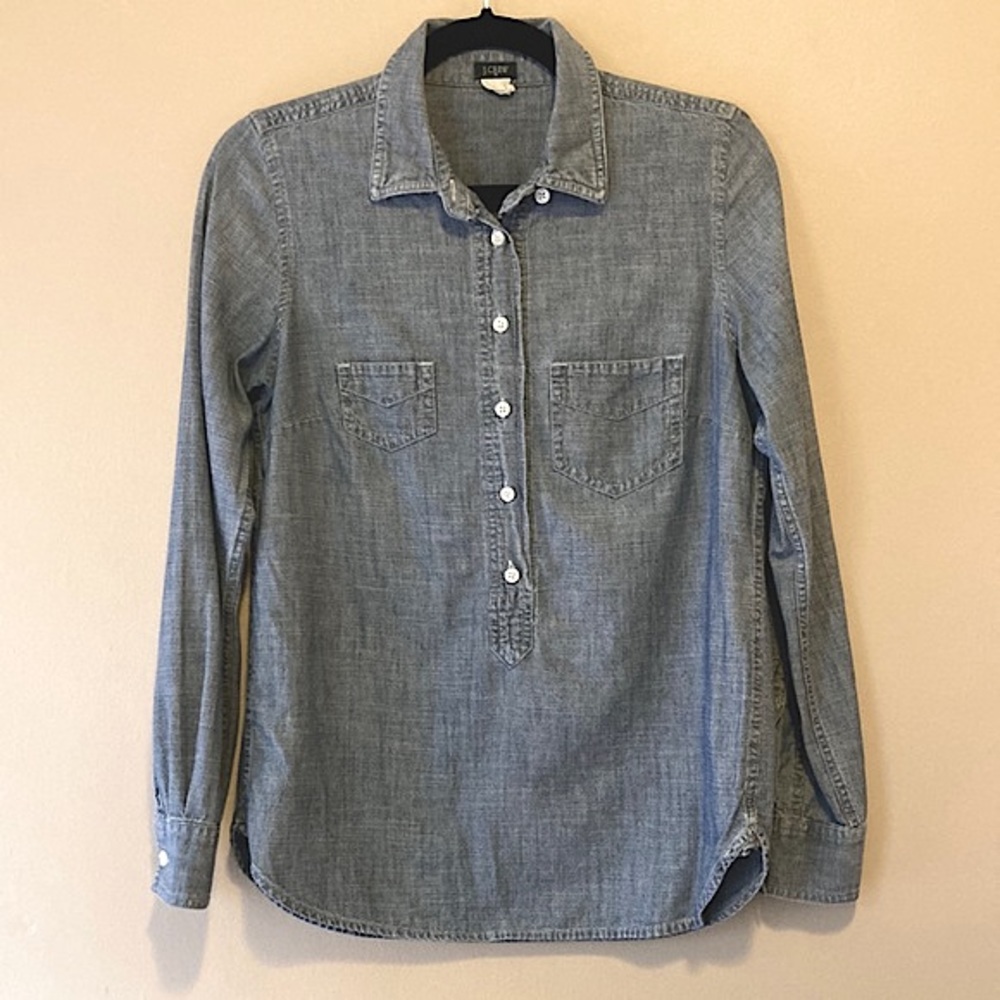 J. Crew, Denim Button Up, Henley, Collared, Medium Wash, Sz XS